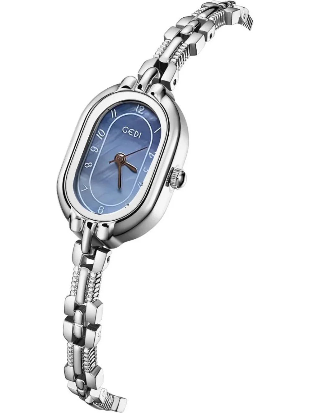 Women's Silver Blue Oval Vintage Bracelet Small Quartz Dress Bangle Analog Watch
